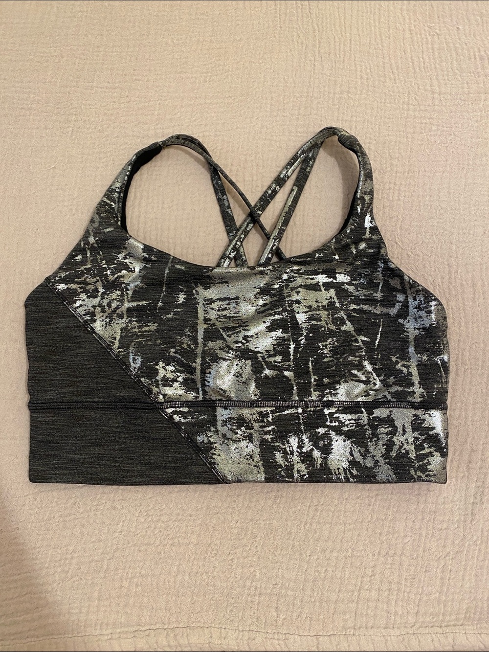 lululemon athletica Black and Silver  Abstract Strappy Sports Bra. Size 10